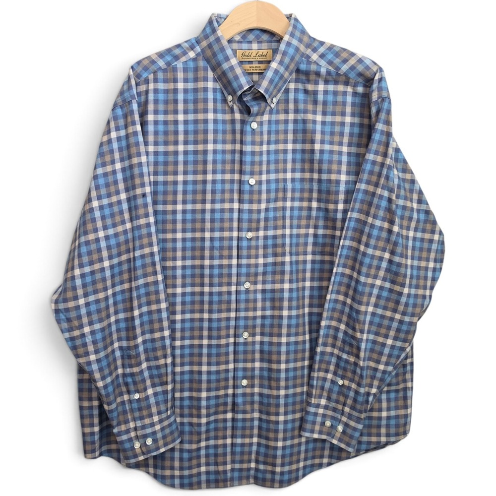 Roundtree & Yorke Gold Label Shirt Mens XL Blue Plaid Non Iron Button Down Cotto